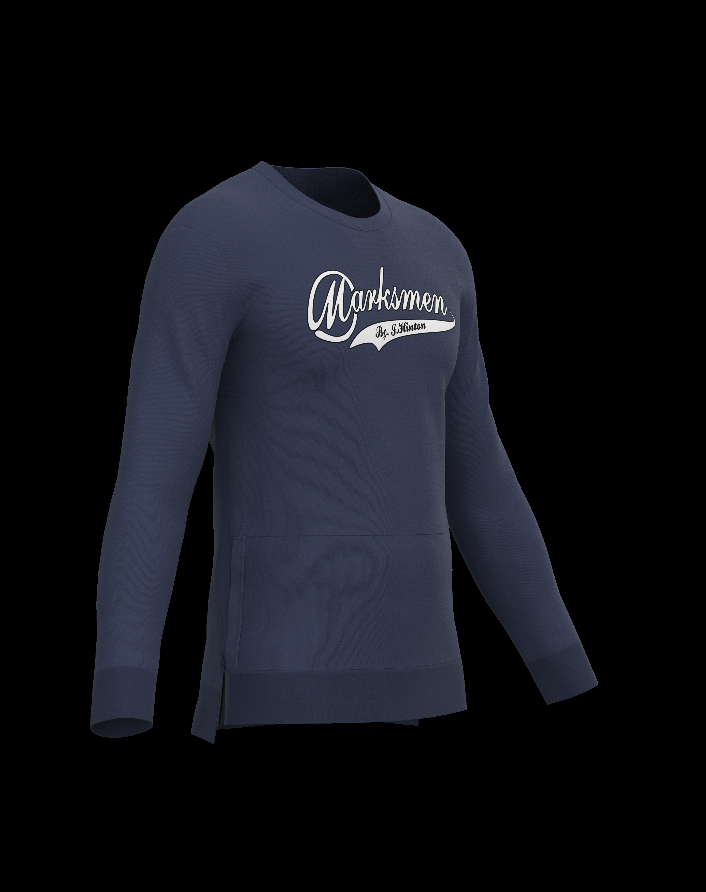 Navy long-sleeve sweatshirt with “Marksmen” chest logo and crew neck.