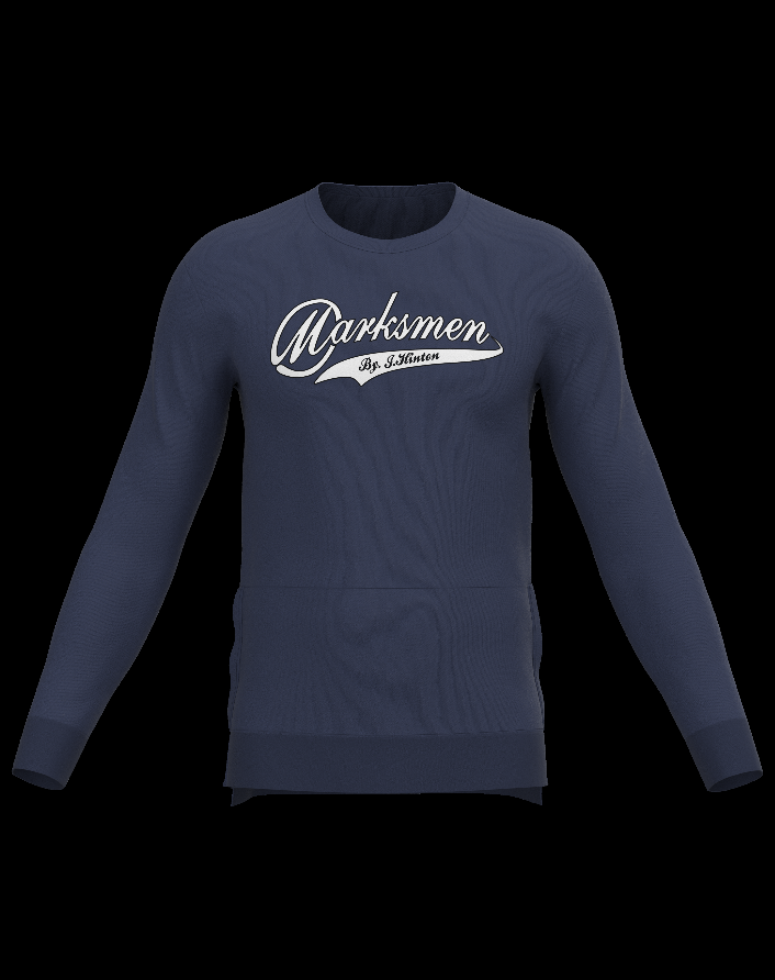 Navy long-sleeve sweatshirt with “Marksmen” chest graphic and crew neck.