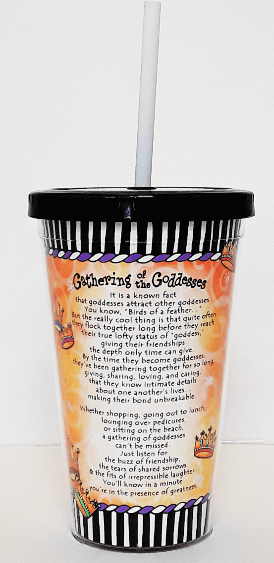 Printed plastic drink cup back view with poem text and goddess artwork, white straw