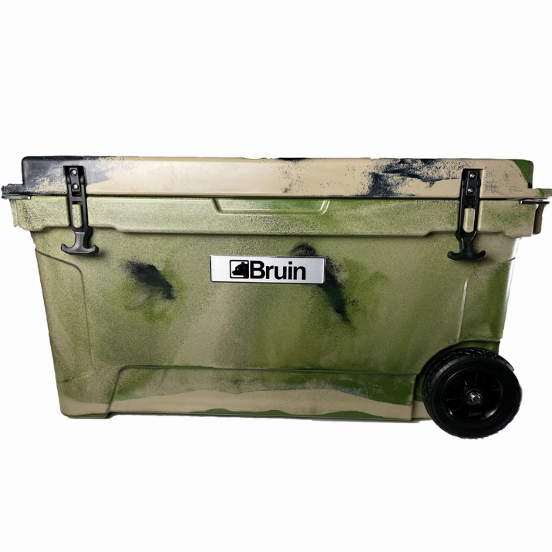 Green wheeled roto-molded cooler with Bruin logo and side latches, 68QT