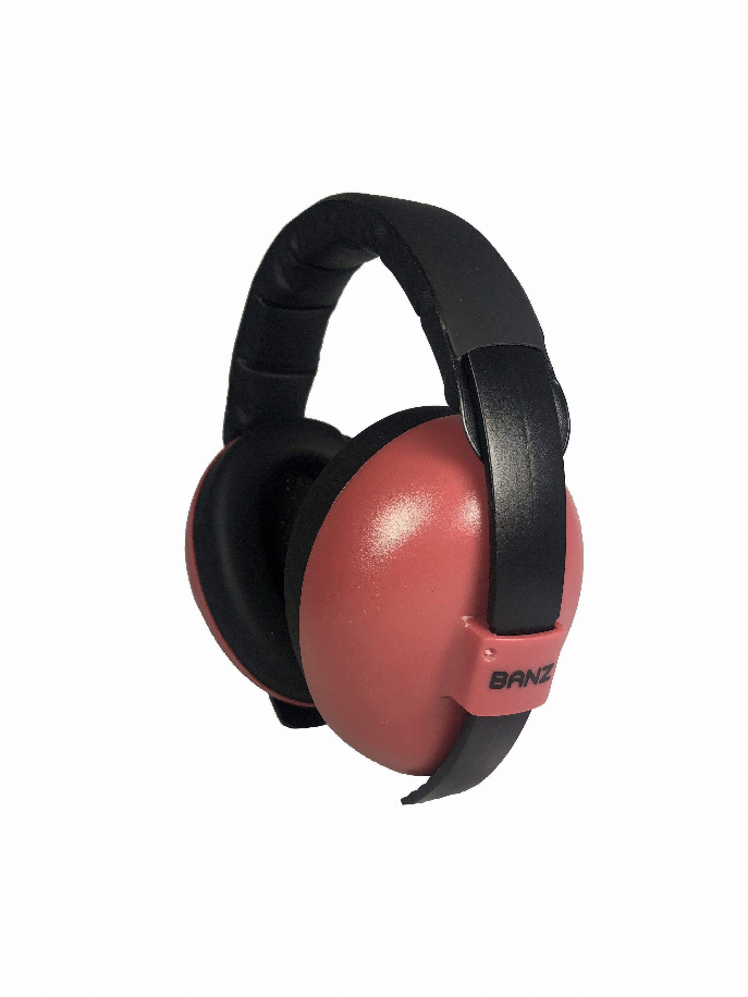 Kids earmuffs, black ear cups with maroon pads and Banz logo, side view