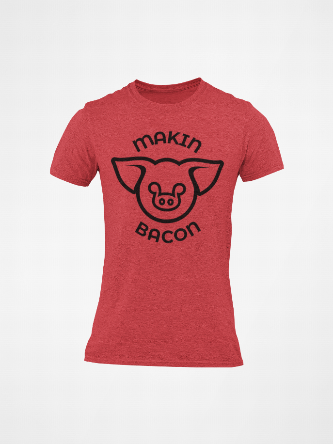 Red crewneck T-shirt front view with pig bacon logo
