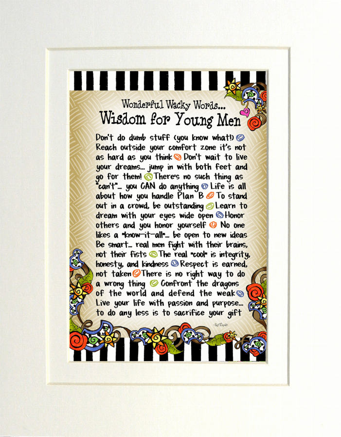 Framed wisdom quote wall art with decorative border and black-and-white striped background