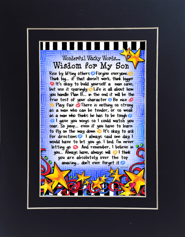White-framed print with blue text panel and bright star accents in yellow, red, and blue