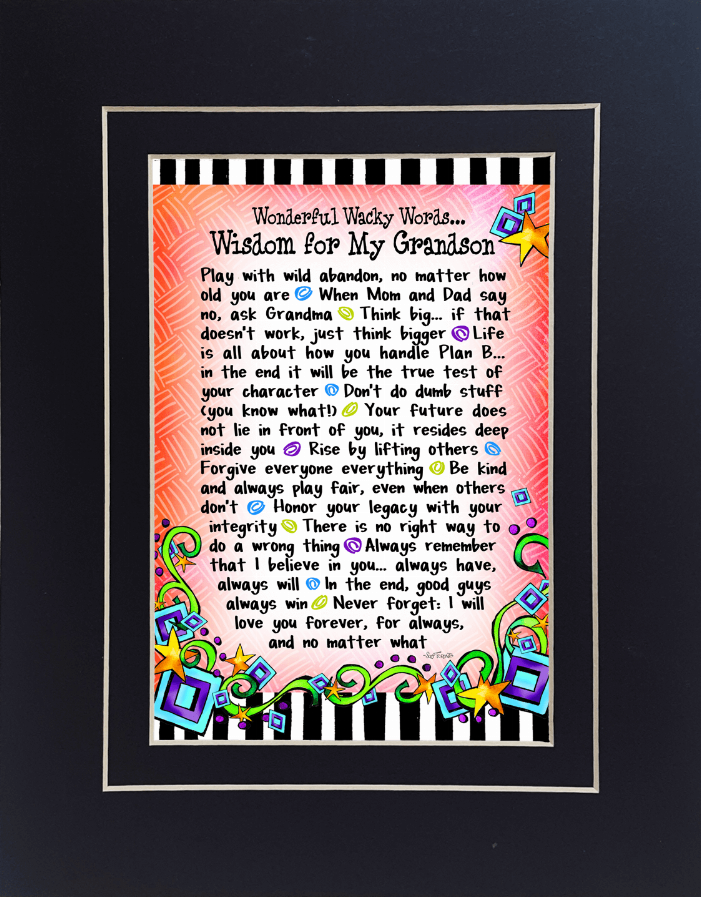 Framed wisdom quote wall art featuring multicolor curls, stars, and black-and-white stripes