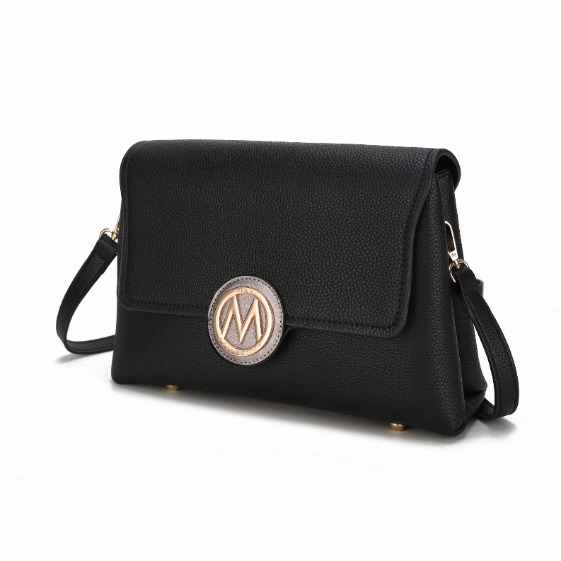 Black crossbody bag with front flap and round emblem, gold-tone hardware, shoulder strap.