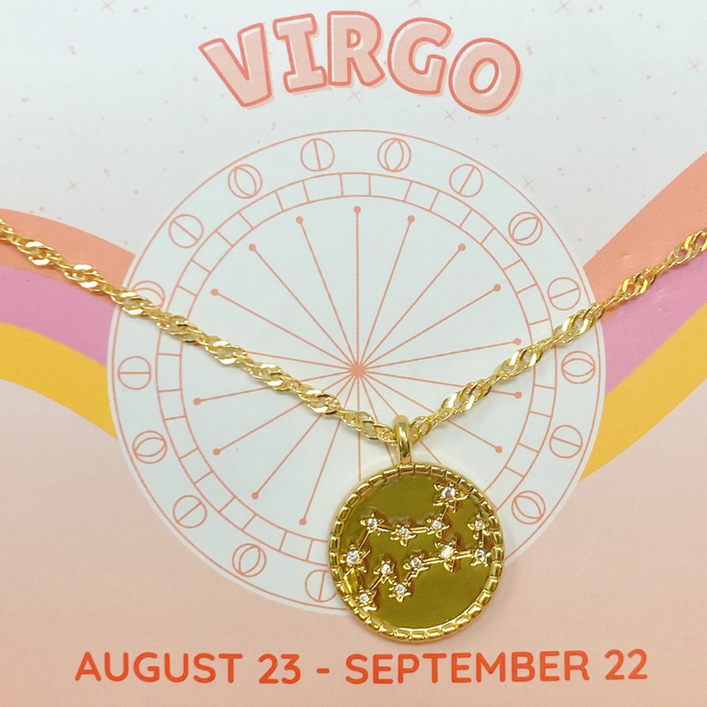 Gold-tone Virgo pendant necklace, round green center charm on fine chain