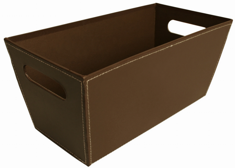 Brown paperboard storage tote with side oval handle cutouts and open top interior