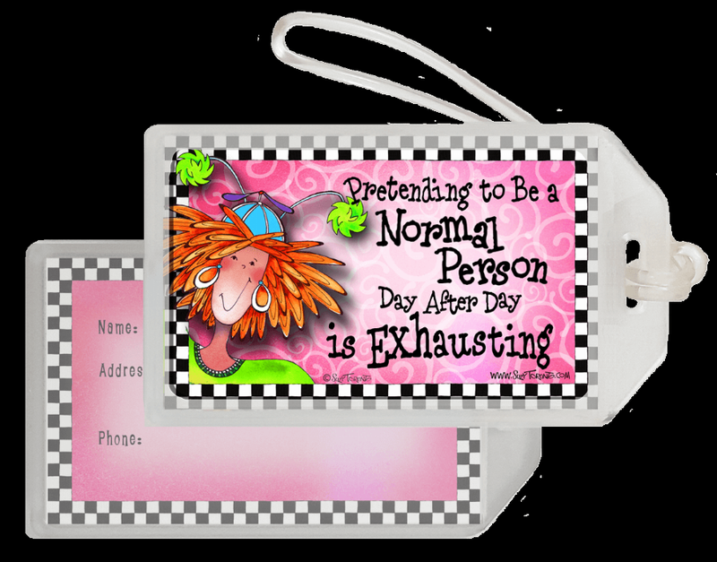Cartoon bag tag with clip, pink text panel over gray name/address label background