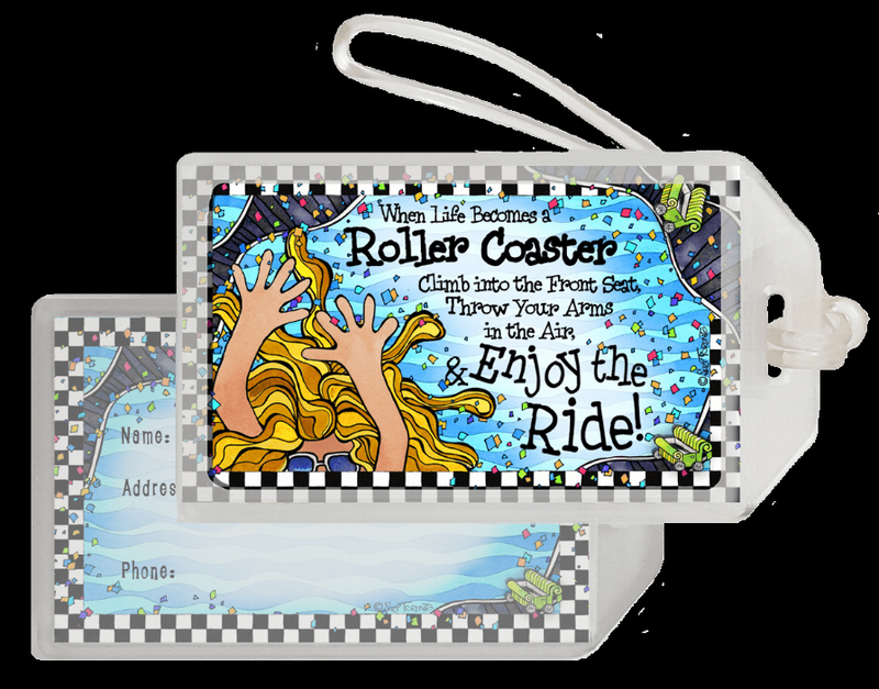 Wacky bag tag in clear plastic with colorful roller coaster artwork and name/address fields