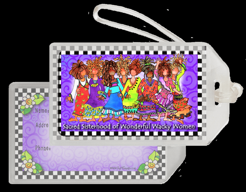 Wacky Bag Tag with purple panel and colorful women illustration, hanging loop