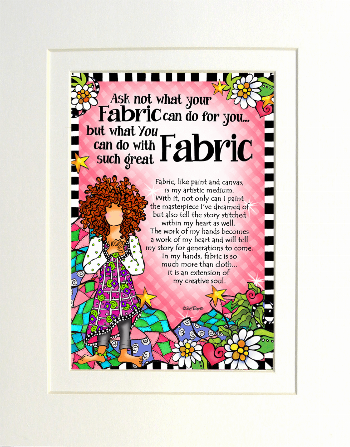 Framed fabric-themed wall art print with lettering, flowers, and colorful figures