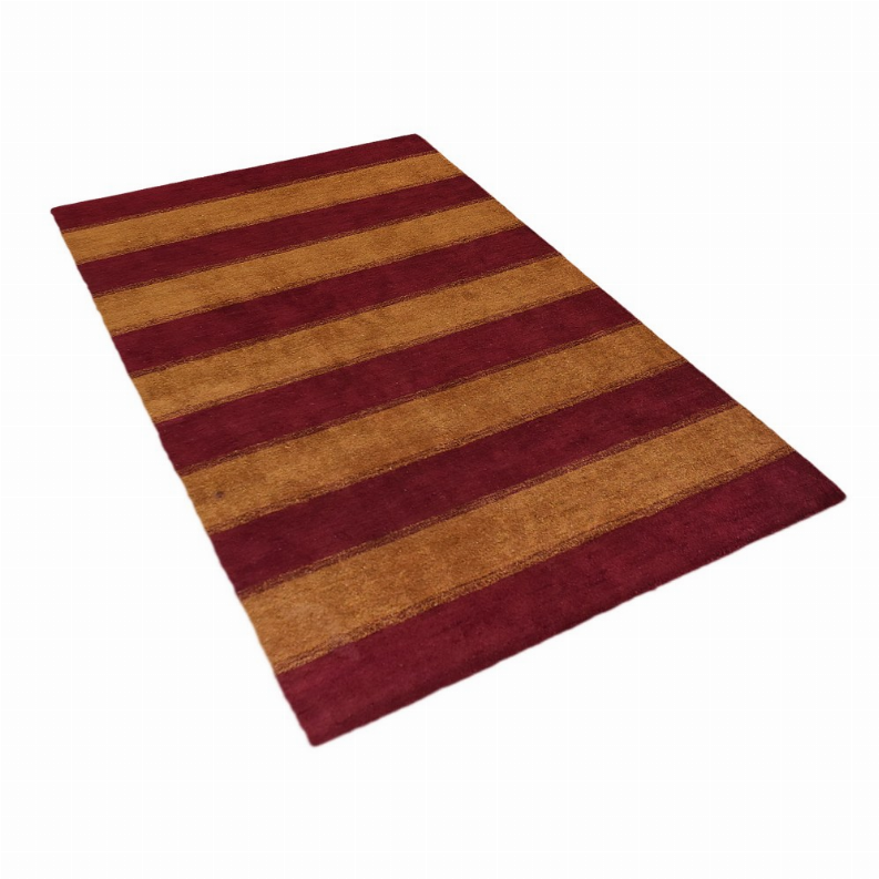Striped area rug with burgundy and tan horizontal stripes, isolated on a light background.