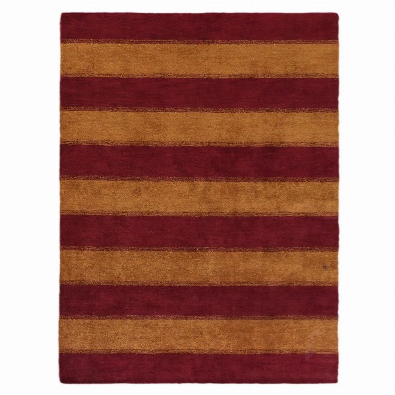 Rectangular striped rug with alternating burgundy and tan horizontal bands, flat top view.