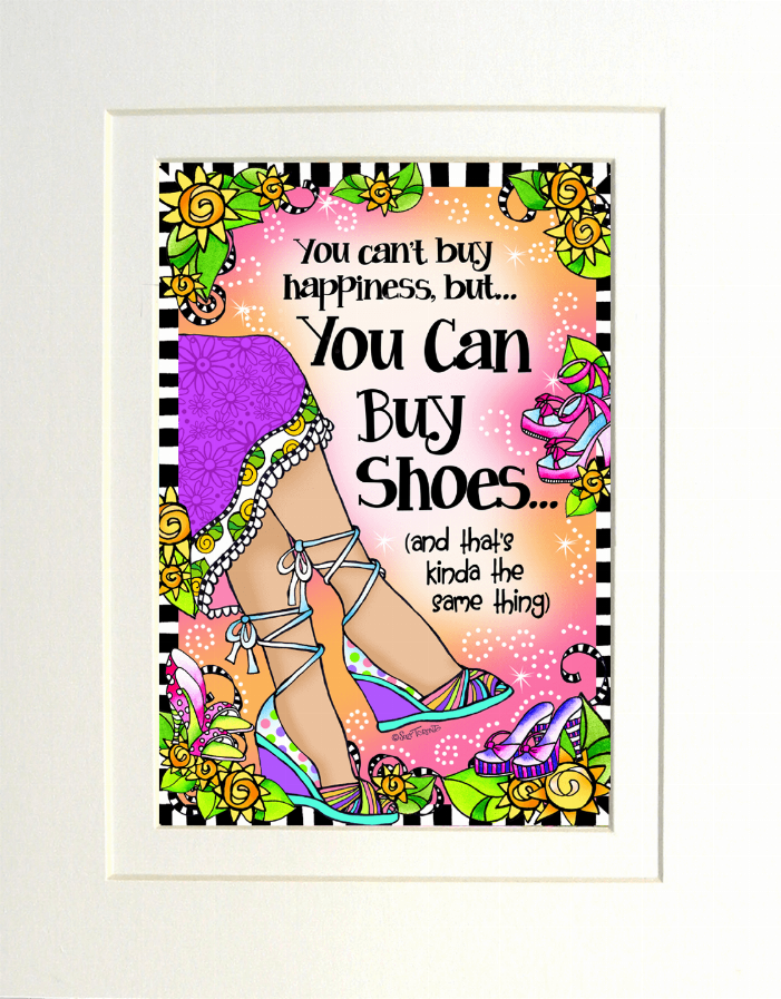 Framed colorful shoe-themed quote artwork with floral border and patterned background