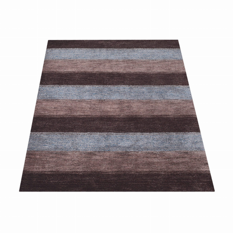 Contemporary striped area rug with dark maroon and brown plus blue horizontal bands