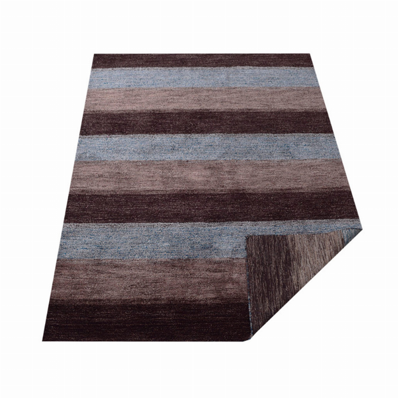 Striped area rug with maroon and brown base and blue horizontal bands; angled view