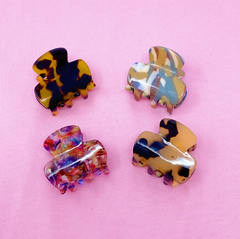 Mini hair claw set of four: navy-gold, blue-beige, purple marbled, navy and beige