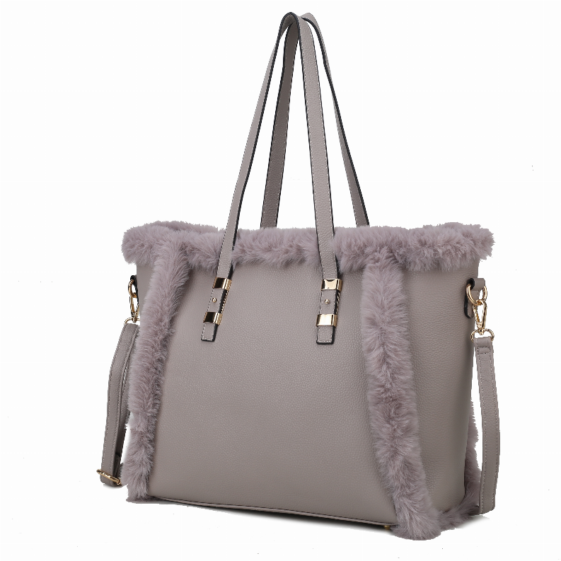 Women's vegan tote bag in gray tone with wide faux-fur top trim and gold hardware