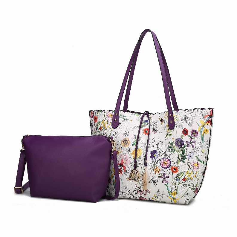 Reversible tote bag and crossbody pouch set, purple pouch with shoulder strap
