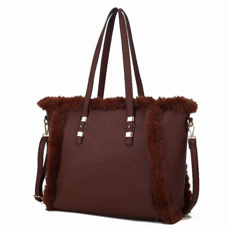 Women's vegan leather tote bag with rust faux fur sides and zip-top design