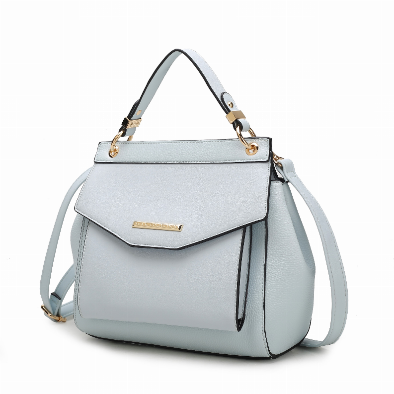 Light blue women's 3-in-1 backpack handbag style with flap front, gold-tone hardware