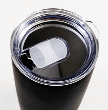 Black tumbler top with clear lid and visible drink-opening slider