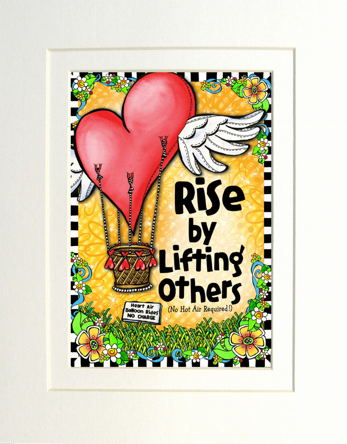 Framed motivational poster featuring a red heart balloon over an orange “Rise” message