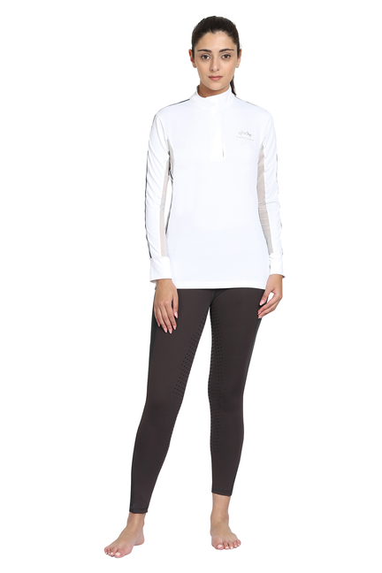 White long-sleeve show shirt with mock neck and half-zip placket, contrast sleeve stripe details