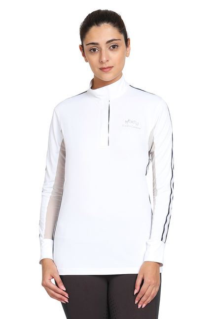White ladies long-sleeve show shirt with stand collar and half-zip, navy piping