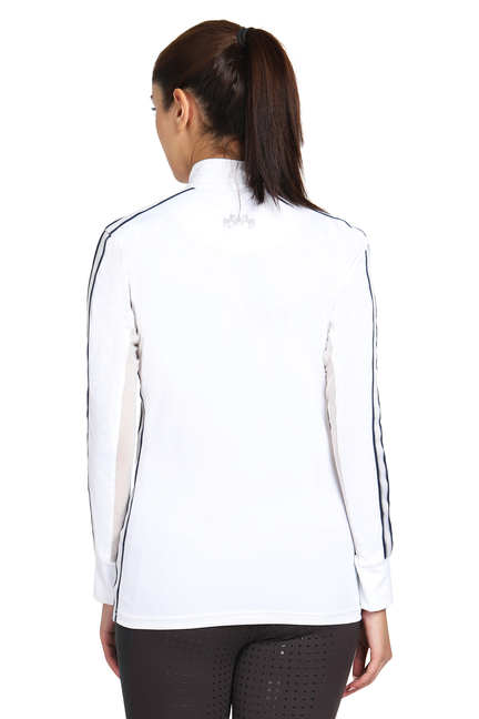 White ladies long-sleeve show shirt back with stand collar and navy sleeve piping