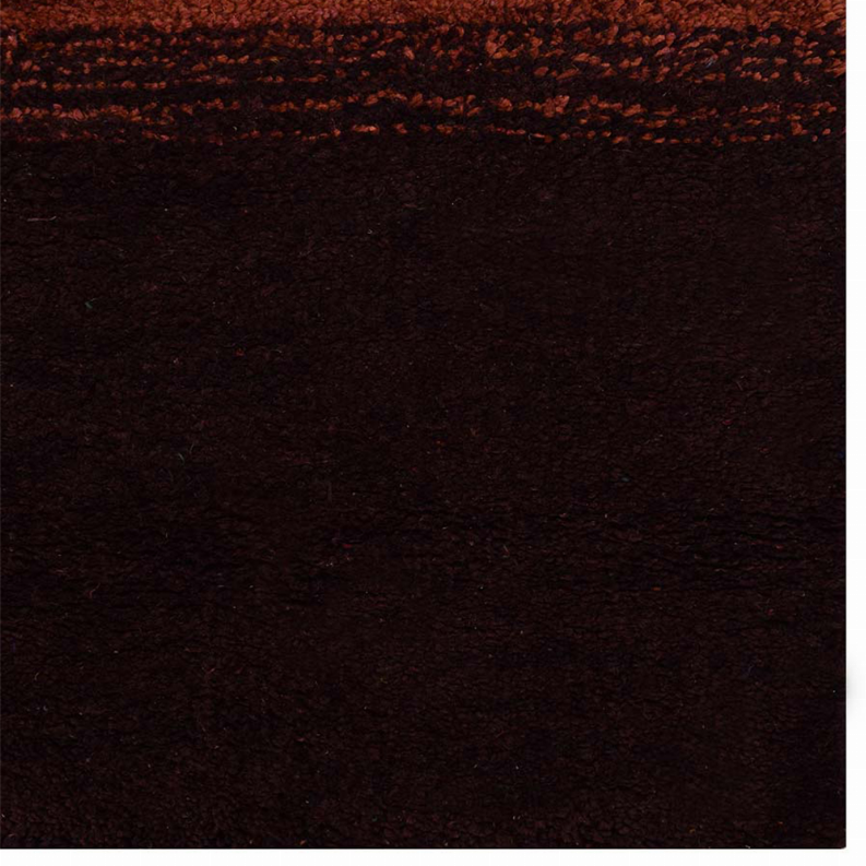 Close-up of dark brown area rug pile with subtle speckled texture and reddish band at top