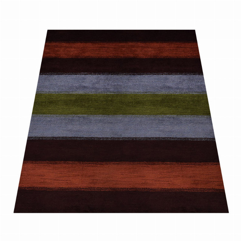 Rectangular striped area rug featuring dark brown, rust, olive green, and gray horizontal bands