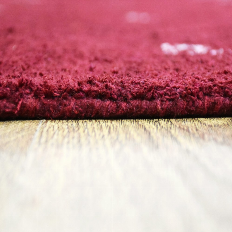 Red rug pile close-up with dense darker fringe and light backing edge detail