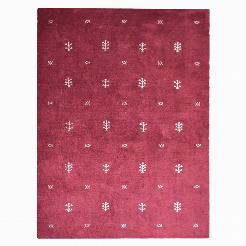 Red area rug with evenly spaced white cross-like motifs on a flat, woven surface