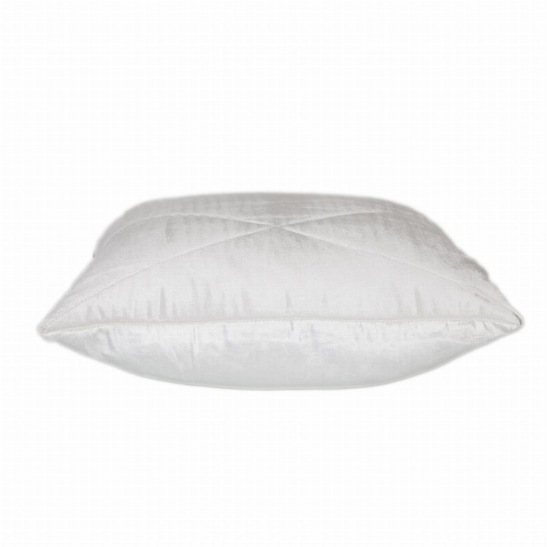 Light gray quilted throw pillow, domed top view with subtle channel seams