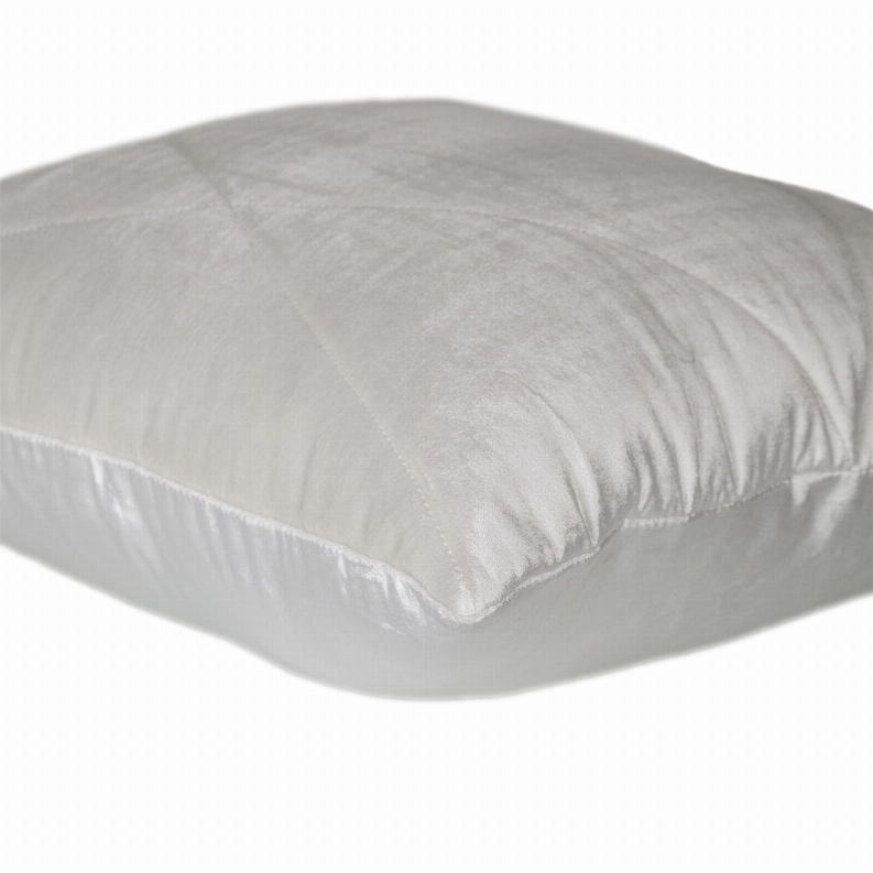 Light gray quilted throw pillow with smooth fabric and stitched border edge