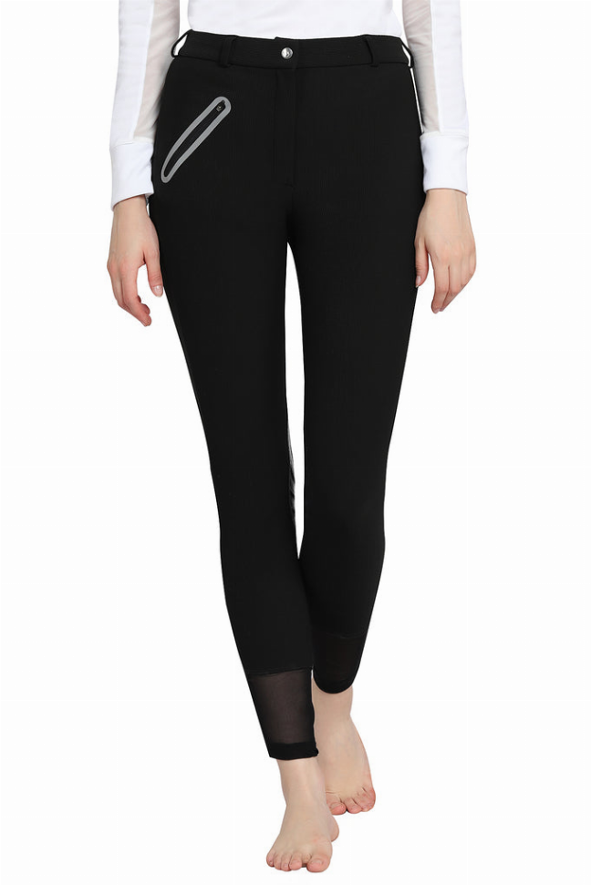 Black riding breech with silicone knee patch, button closure, and belt loops