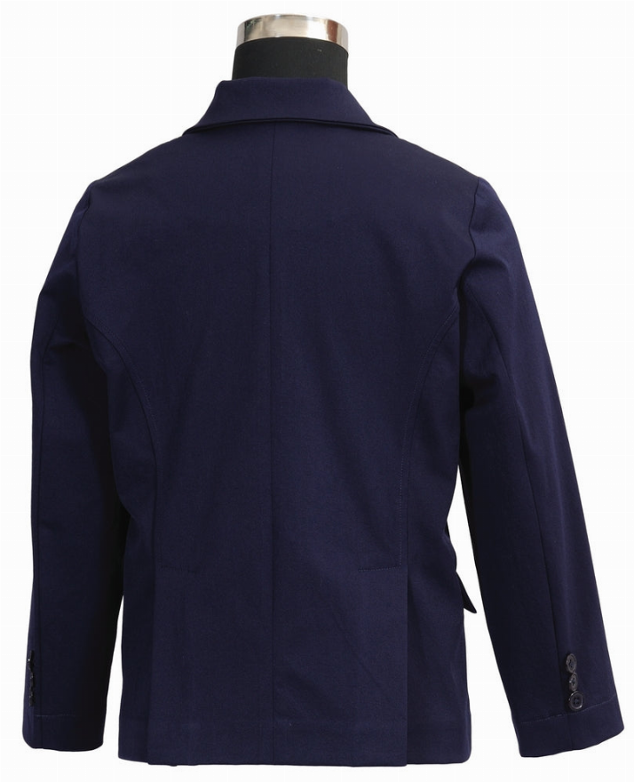 Back view of children's navy show coat with center seam and vented hem