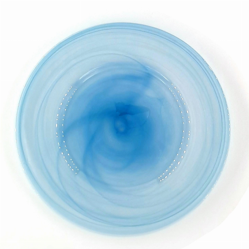 NUAGE 13" glass charger plate top view, light blue swirl with dotted border detail.