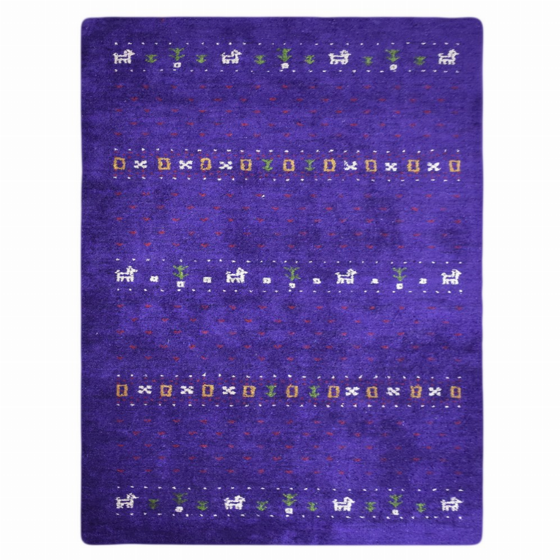 Purple area rug with horizontal bands of multicolor geometric motifs
