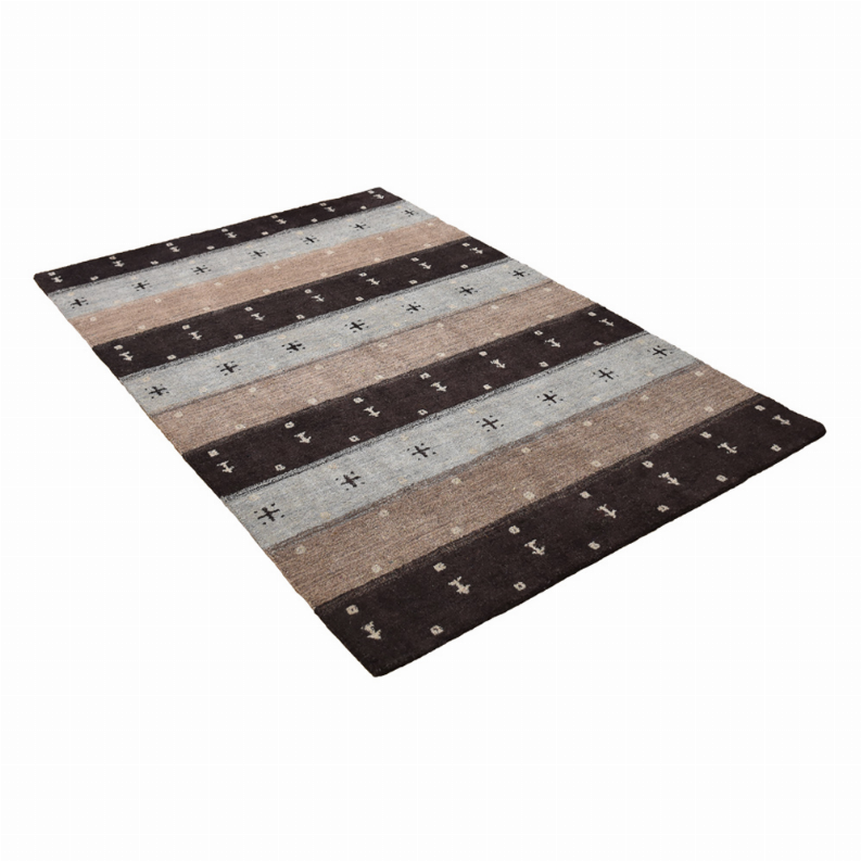 Square area rug with striped design in gray, brown, and black, with small repeat icons.