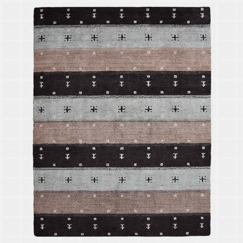 Square area rug with horizontal stripes in black, gray, and tan, plus tiny cross motifs.