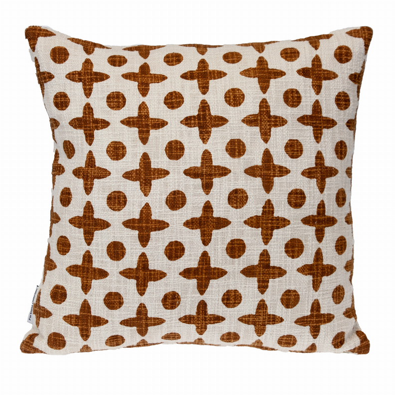Front-facing square pillow cover with brown cross and dot motif on cream background