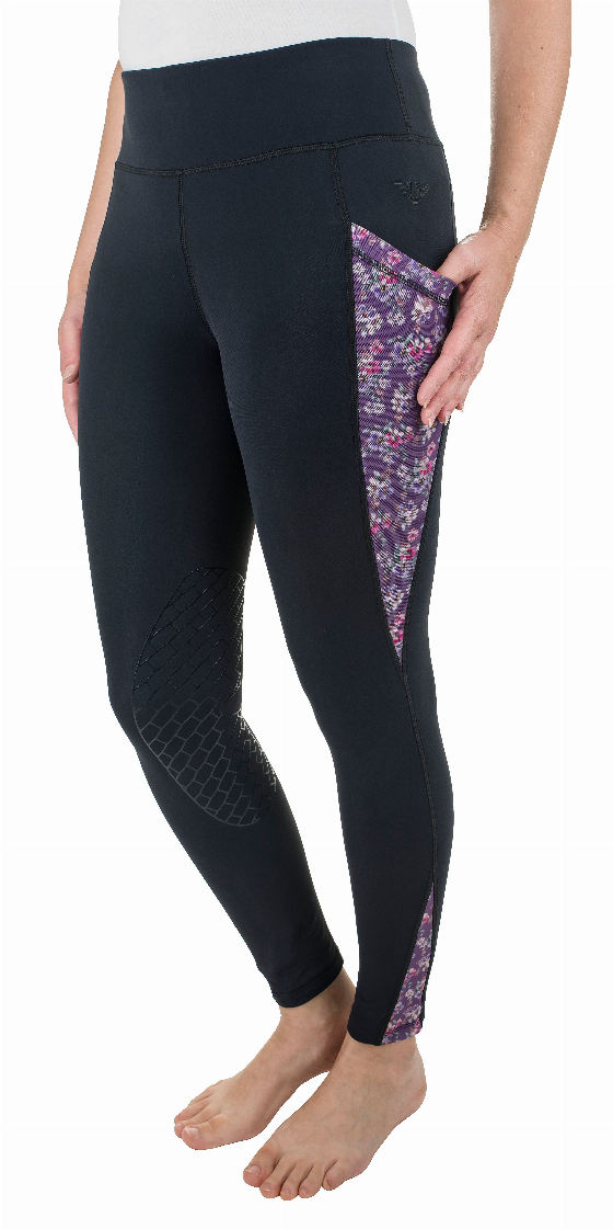 Ladies dark tights with purple printed knee patch detail at right knee