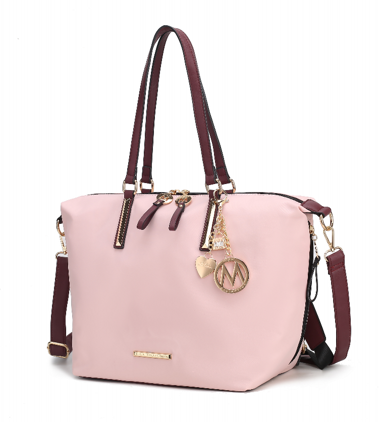 Pink solid tote bag, burgundy top handles and detachable shoulder strap, gold hardware