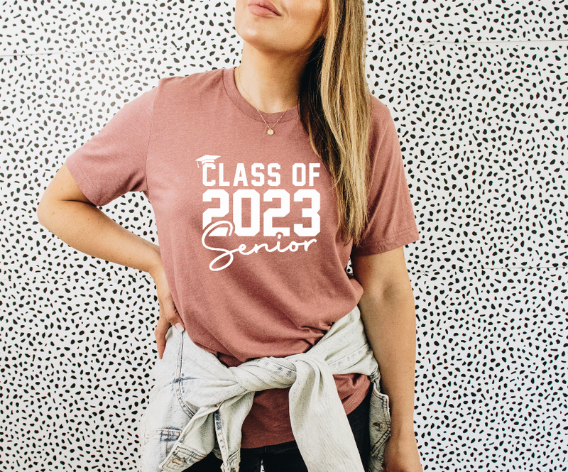 Women's dusty rose crew-neck T-shirt with Class of 2023 Senior chest print