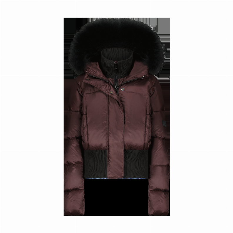 Burgundy puffer jacket with black fur-trimmed hood and front zipper