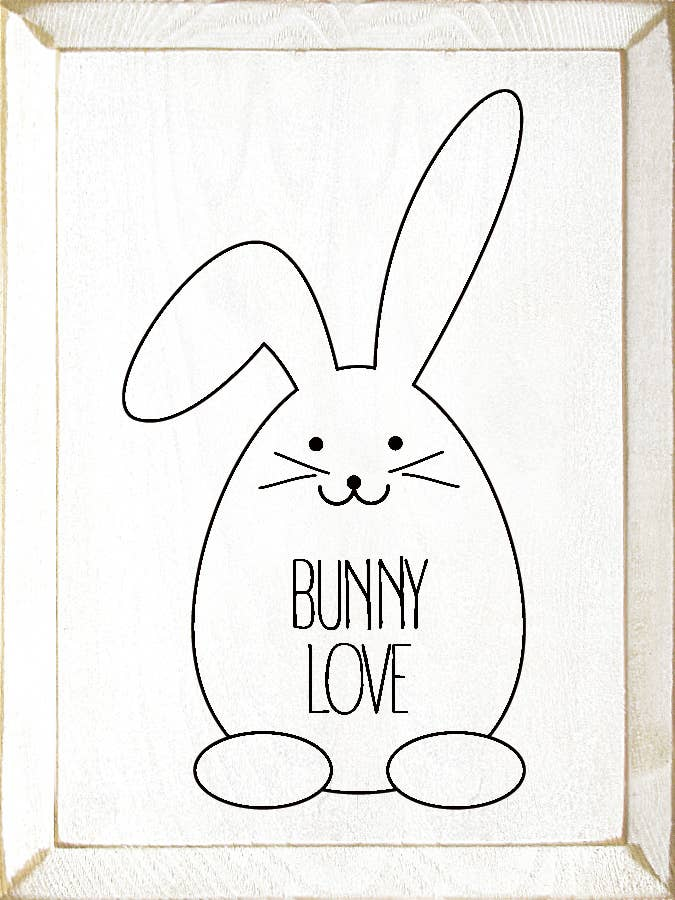 Bunny Love wall art with outline bunny and "BUNNY LOVE" text, white background