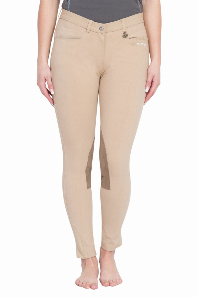 Beige ladies knee patch breeches with front pockets and belt loops